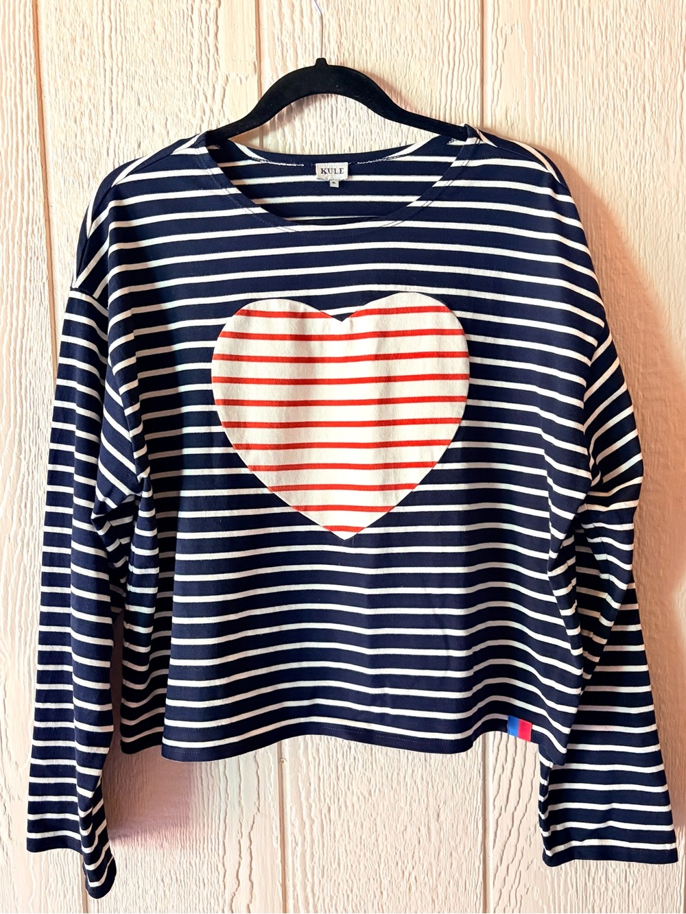 KULE Navy & White Striped Long-Sleeve Top with Red Heart Appliqué